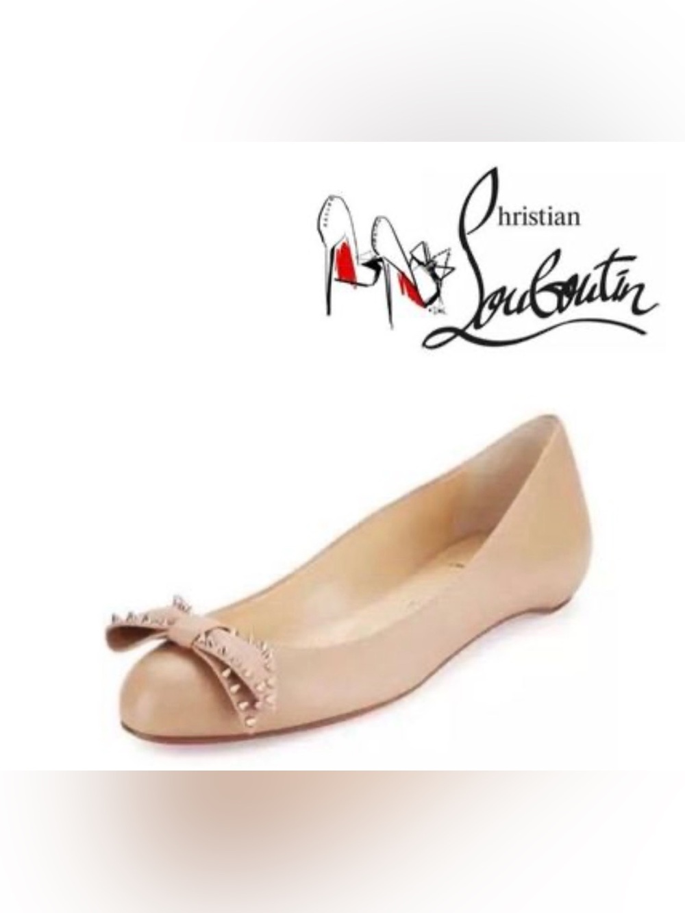 CHRISTIAN LOUBOUTIN Beige Leather Spiked Bow Ballalarina Flats Size7.5/37.5 $890